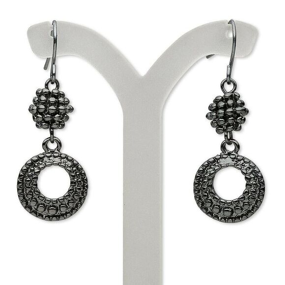 Avant Garde Gunmetal Gray Black Textured Open Circle Dangle Earrings - Picture 1 of 1